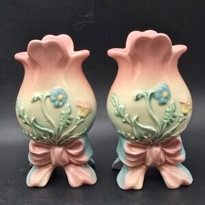Hull Art Pottery Bow Knot Miniature Vases Pair of Two Vintage Floral Ceramic